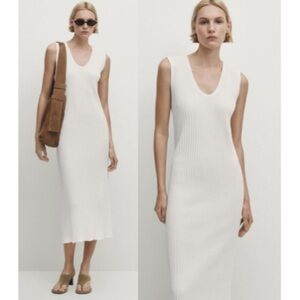 Massimo Dutti Sleeveless Scoop Neck Ribbed Midi Tank Dress off White Women's S